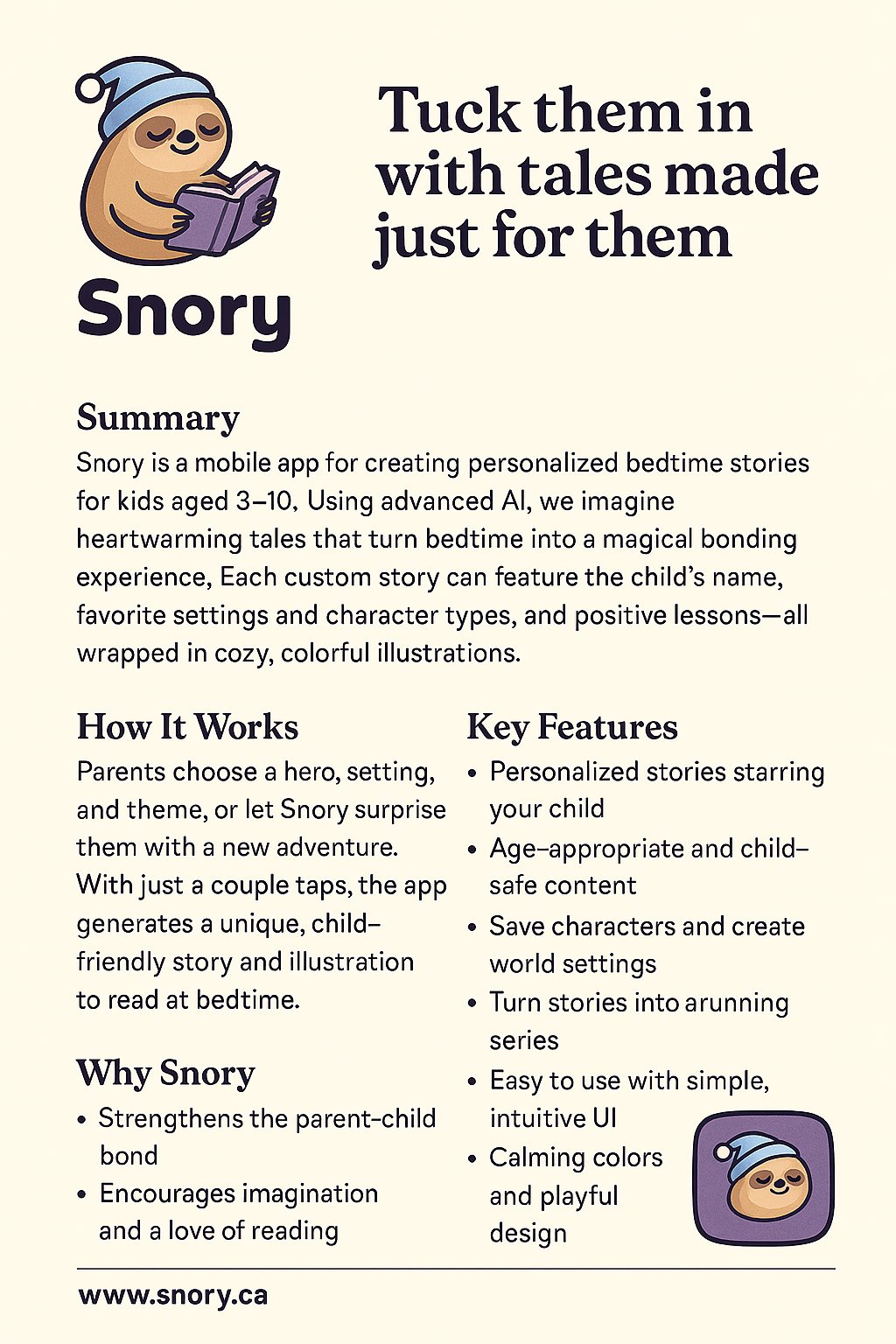 Snory One Pager - Custom Bedtime Stories for Kids